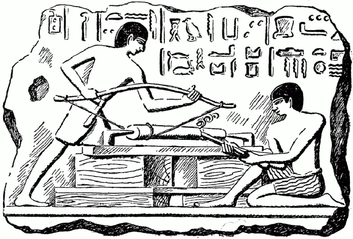Иллюстрация, как египтяне работали на первом токарном станке