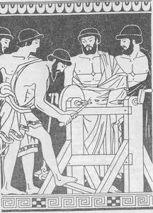 Рисунок токарного станка греческого мастера Феодора (VI в до н. э.)